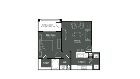 Floor plan for 1 bed, 1 bath, 608 sqft